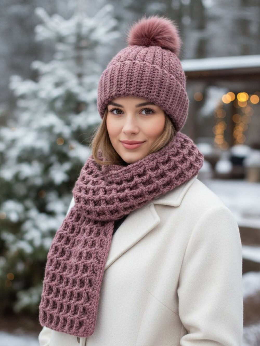 Dusty Rose Crochet Hat & Scarf Set | Waffle Stitch Scarf & Pom-Pom Hat